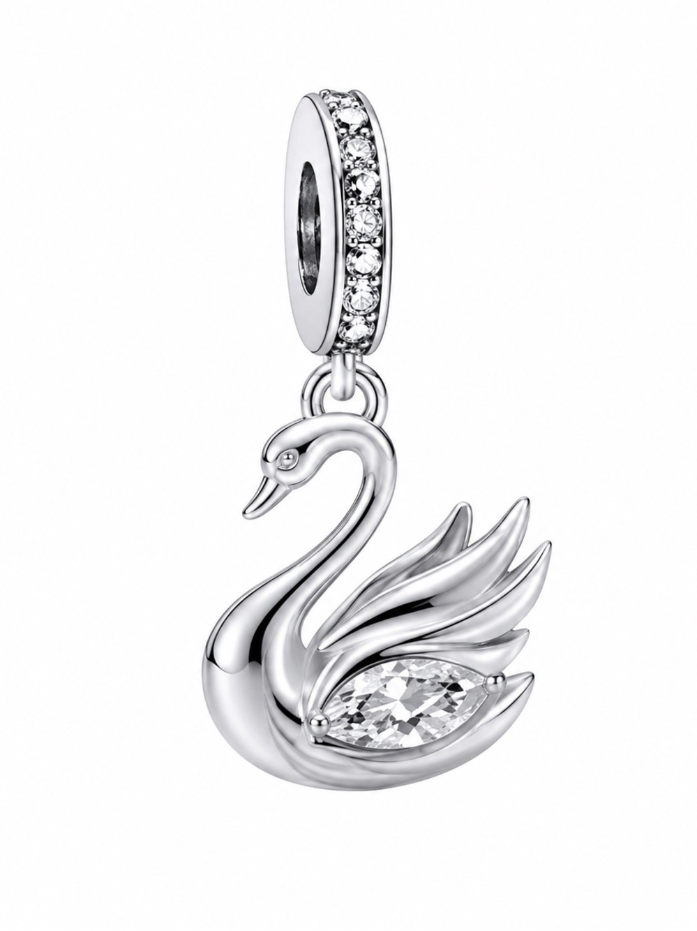 Swan Dangle Charm CZ Crystal Pendant Silver Bracelet Charm